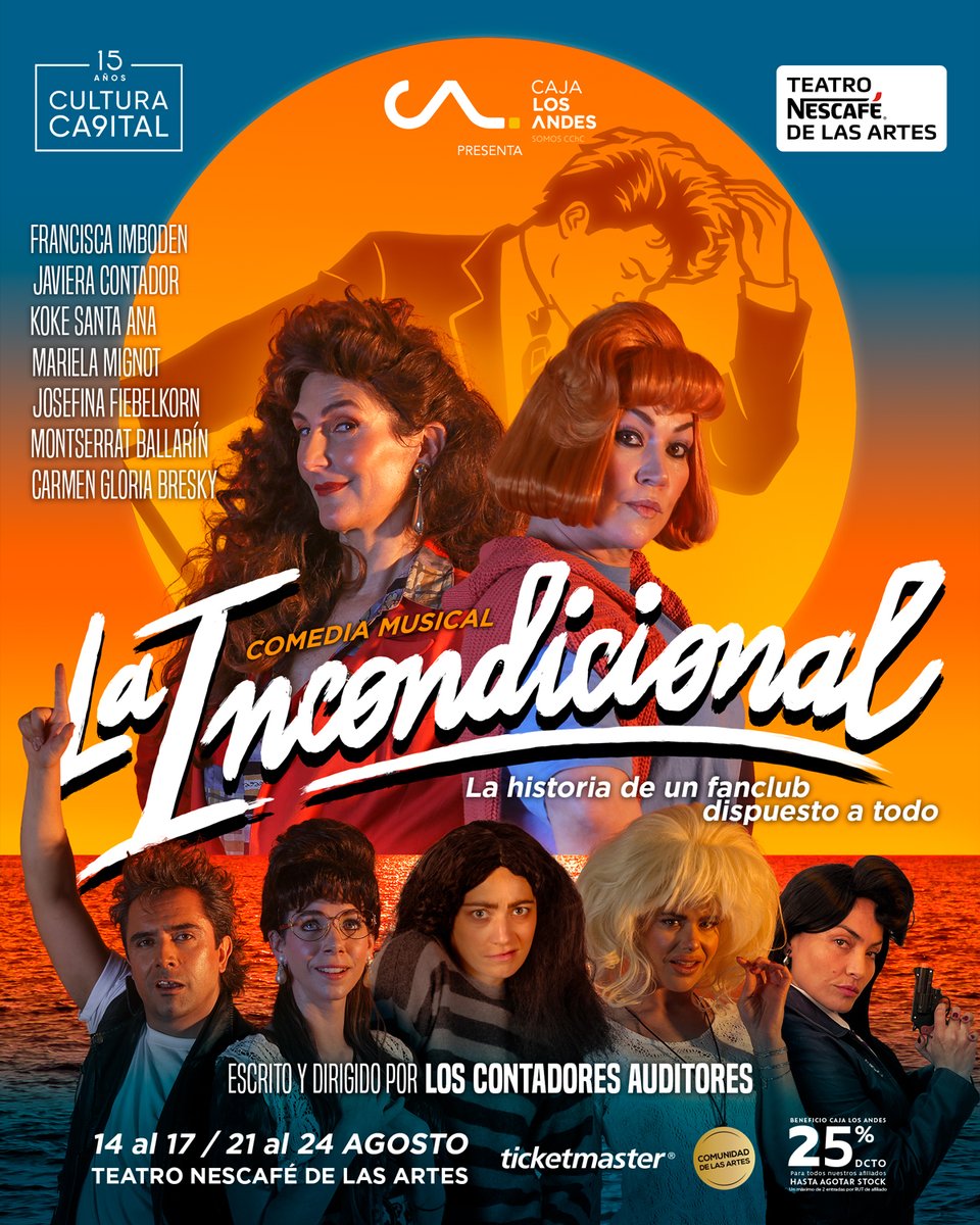 TEATRO NESCAFÉ DE LAS ARTES (@teatro_nescafe) on Twitter photo ⚡ LA INCONDICIONAL ☀️ La espectacular comedia musical de <a href="/loscontadores/">Los Contadores Auditores</a> y <a href="/CulturaCap/">Cultura Capital</a> sobre un fan club del "Sol de México", dispuesto a todo... realmente a todo, vuelve a @teatro_nescafe 🗓️ 14 al 17 y 21 al 24 de agosto
Info: ticketmaster.cl/event/la-incon… ⚡ LA INCONDICIONAL ☀️ La espectacular comedia musical de <a href="/loscontadores/">Los Contadores Auditores</a> y <a href="/CulturaCap/">Cultura Capital</a> sobre un fan club del "Sol de México", dispuesto a todo... realmente a todo, vuelve a @teatro_nescafe 🗓️ 14 al 17 y 21 al 24 de agosto
Info: ticketmaster.cl/event/la-incon…