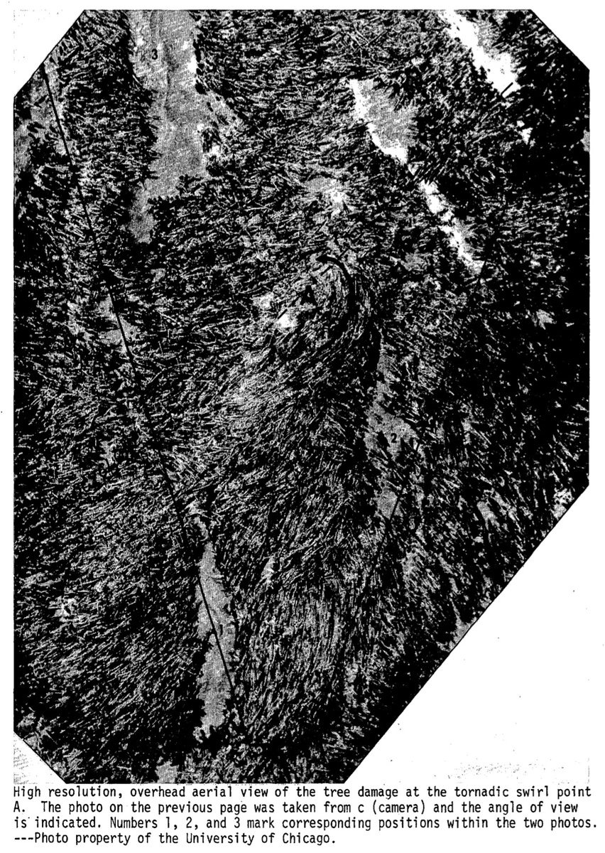 weather_history's tweet image. July 21, 1987:
A massive F4 struck in northwestern Wyoming. The 1.5-mile wide wedge occurred at an elevation of >8000 ft, making this event the highest altitude violent tornado in US history. Around a million trees were snapped, uprooted, or debarked/denuded.
#wxhistory