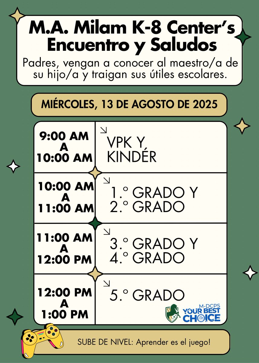 MAMilamK8's tweet image. If your child is in VPK through Grade 5, come and meet your child's teacher on August 13th. You can also bring us your child's school supplies that day. 💚
#iammilam
#YourBestChoiceMDCPS
@MDCPS @SuptDotres @MDCPSNorth @aniteach @YeseniaAponte05 @RobertoAlonsoFL
