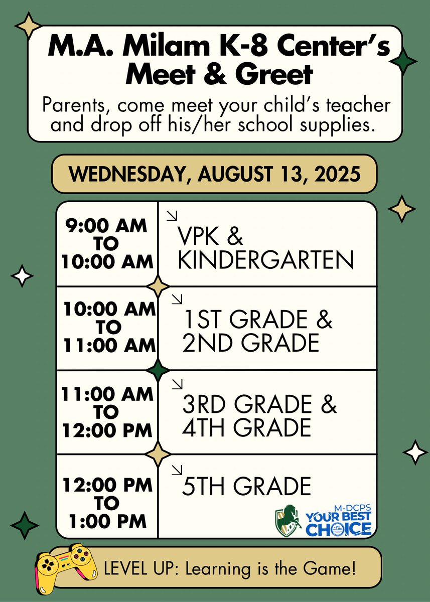 MAMilamK8's tweet image. If your child is in VPK through Grade 5, come and meet your child's teacher on August 13th. You can also bring us your child's school supplies that day. 💚
#iammilam
#YourBestChoiceMDCPS
@MDCPS @SuptDotres @MDCPSNorth @aniteach @YeseniaAponte05 @RobertoAlonsoFL