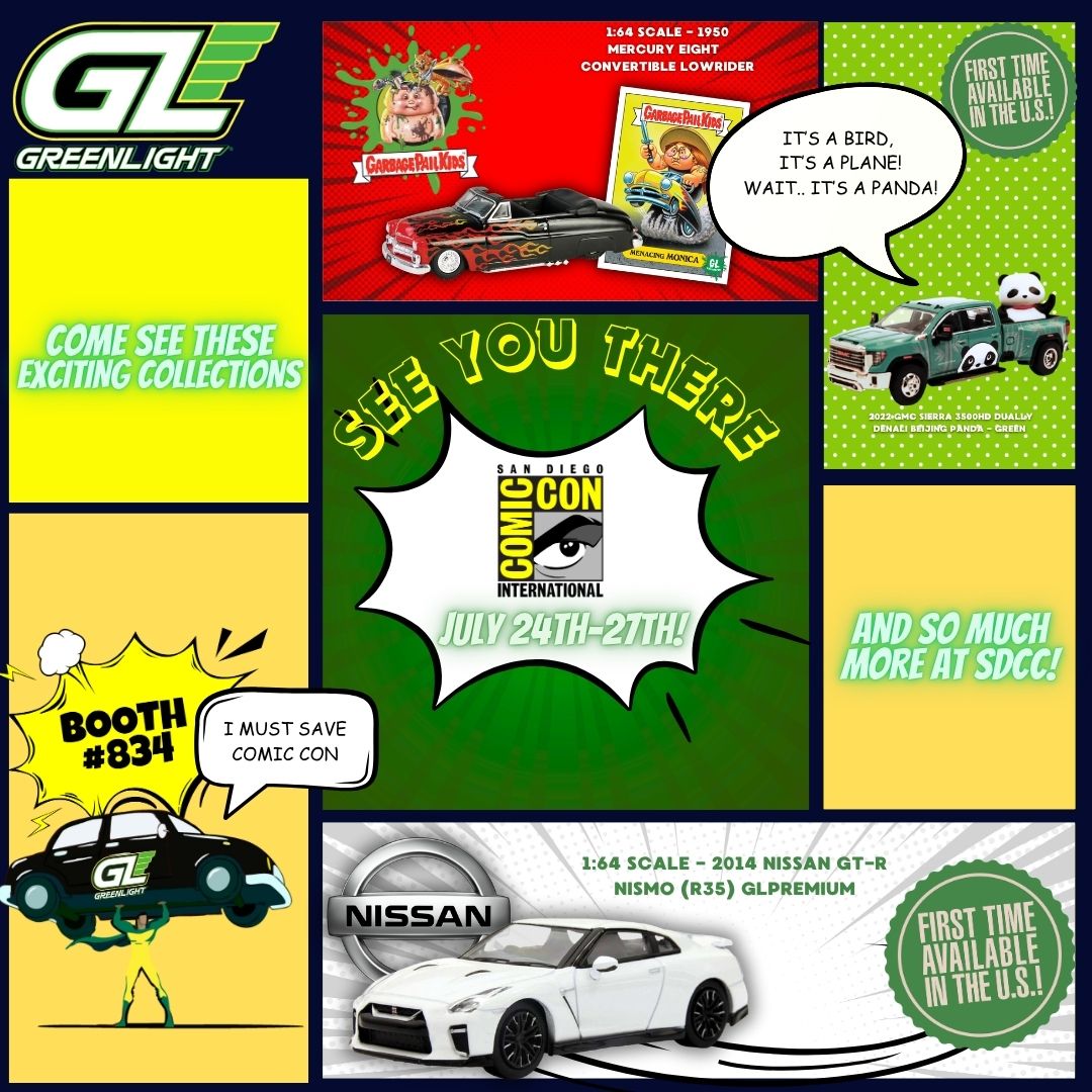 🚨 GreenLight Collectibles is rolling into #SDCC2025! Find us at Booth #834 for exclusive die-cast, rare vinyl stickers &amp; limited merch. Once it’s gone—it’s GONE! 🔥

📍 Booth #834 | 📅 July 24–27
#GreenLightCollectibles #DiecastCollectors #ComicConExclusives