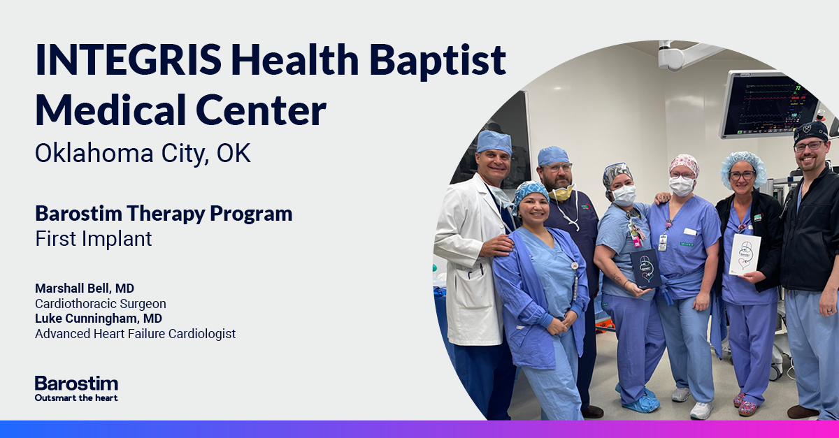 CVRx_Barostim's tweet image. We&apos;re honored to support Drs. Marshall Bell and Luke Cunningham and the team at INTEGRIS Health Baptist Medical Center on their first #Barostim implant. Their patients now have access to a novel device therapy to improve symptoms of #heartfailure.