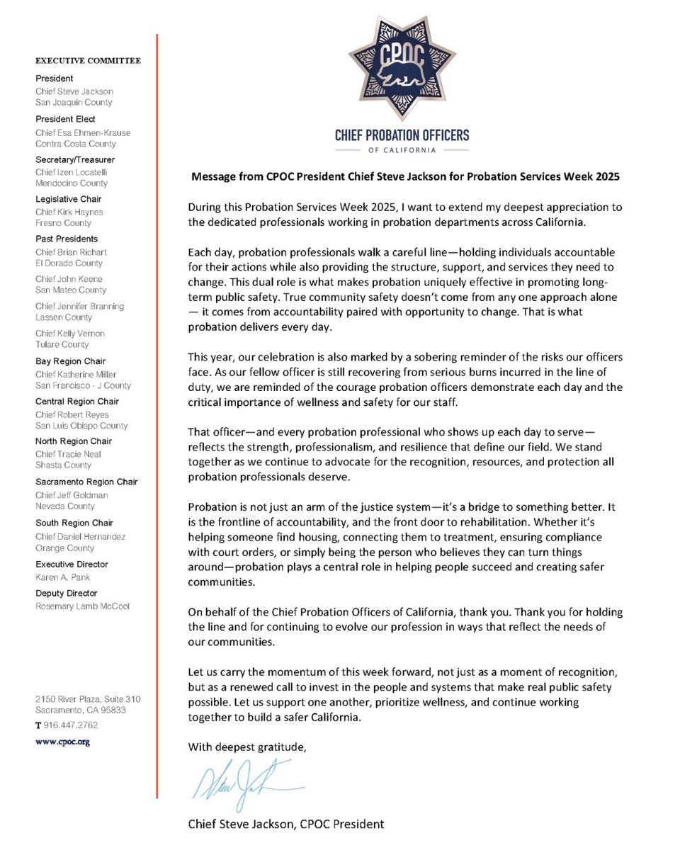 CPOC President, Steve Jackson of @sjcprobation shared a message of appreciation for Probation Professionals across the state of California to honor #ProbationServicesWeek. Thank you to all #CAProbation staff for creating safer communities. #PPPSWeek

Read: bit.ly/46Vhab8