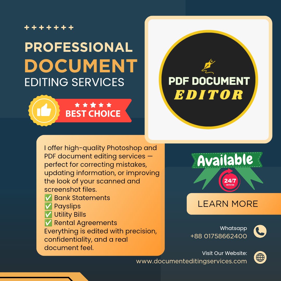 perfect_editor_'s tweet image. 📄 Need urgent PDF or Photoshop edits? I provide 100% confidential, professional document editing for all your needs!
✅ Bank statements, paystubs, ID cards &amp;amp; more!
📥 DM me now for a fast response!
#DocumentEditing #PhotoshopEdit #PDFEditing #ConfidentialEditing #OnlineServices