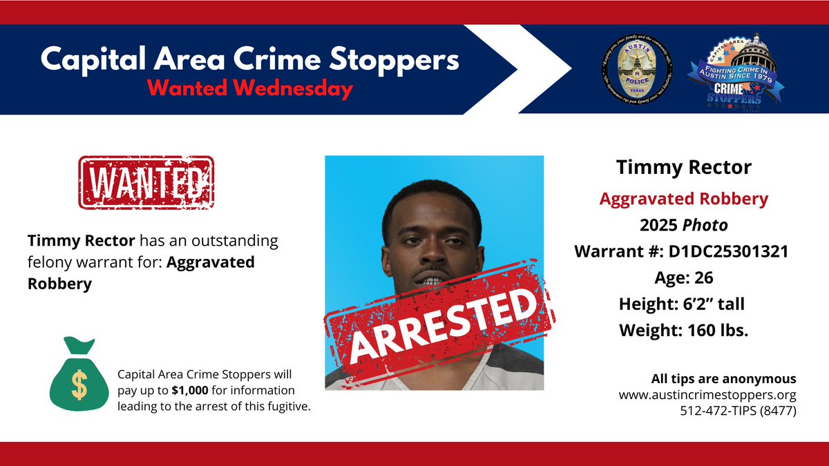 Austin_Police's tweet image. On July 11, 2025, Timmy Rector was arrested by the Lone Star Fugitive Task Force.
----
El 11 de julio de 2025, Timmy Rector fue arrestado por el Grupo Operativo Especial Lone Star contra Fugitivos