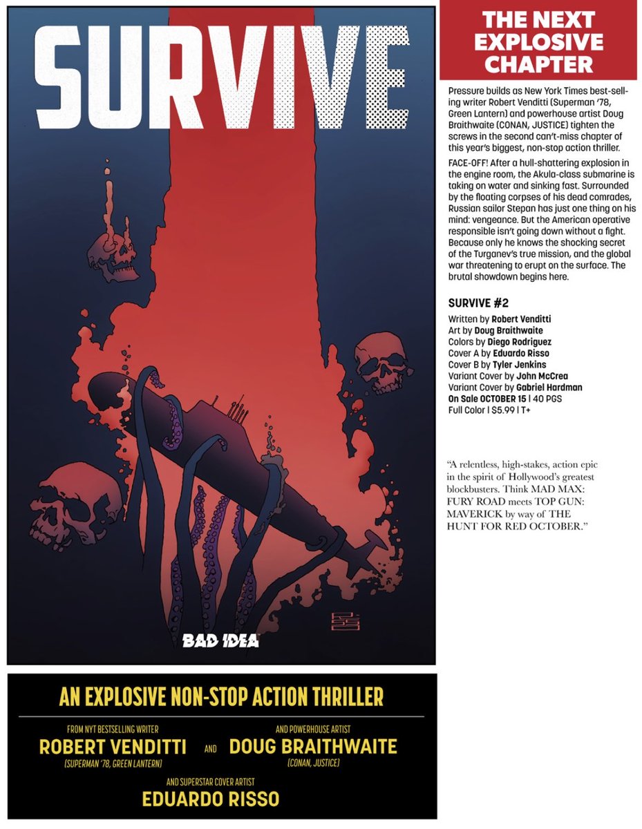 robertvenditti's tweet image. October solicits are out! SURVIVE #2 is on sale October 15. Cover by the legendary Eduardo Risso!