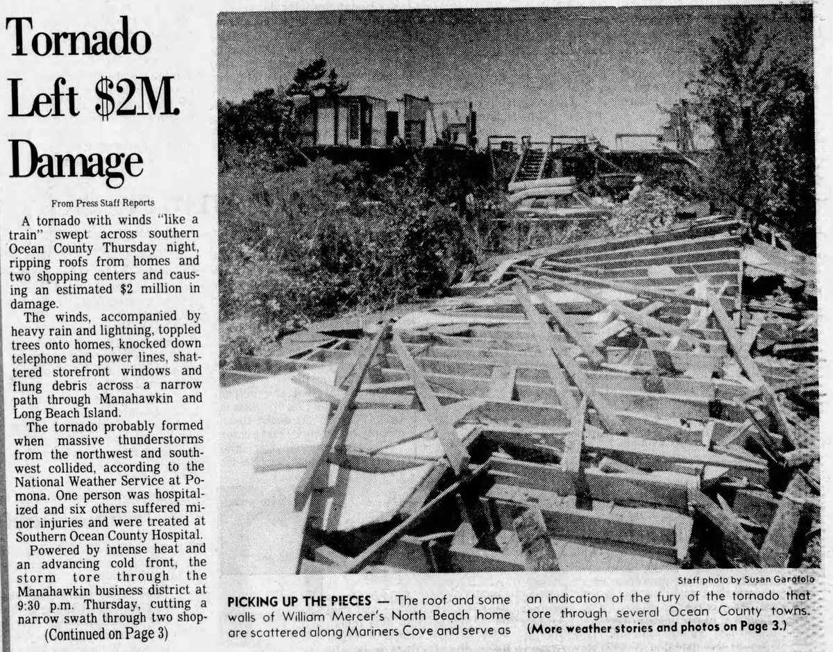 weather_history's tweet image. July 21, 1983:
A small outbreak of nine tornadoes affected the Great Lakes and Mid-Atlantic regions. Three of the twisters were significant (F2+), the strongest of which was an F3 in Ocean County, New Jersey. An F2 destroyed mobile homes near Hartly, DE, killing two.
#wxhistory