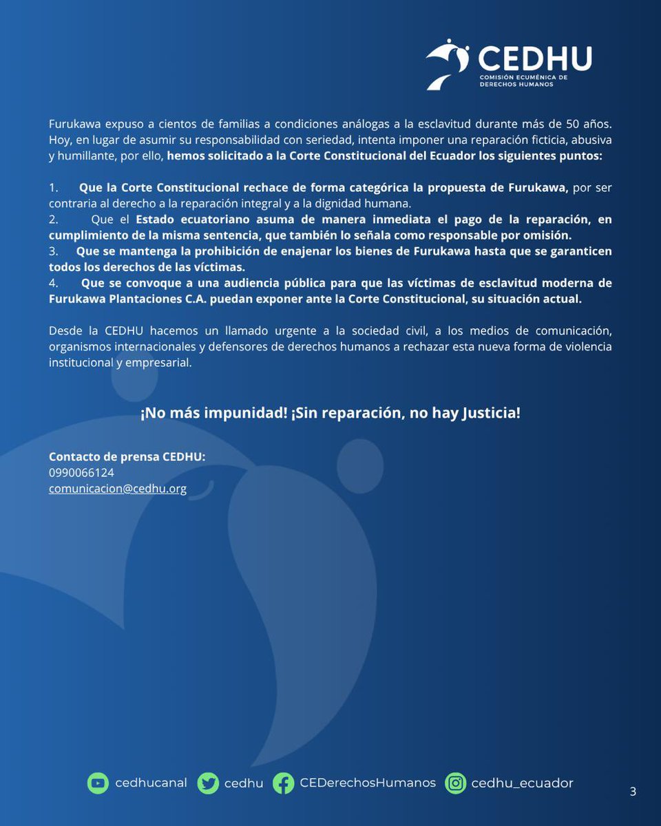 Cedhu's tweet image. 🔴 #PRONUNCIAMIENTO #CASOFURUKAWA
Furukawa pretende reparar décadas de esclavitud en un plazo de 98 años

Las víctimas de #Furukawa han sido sometidas a #EsclavitudModerna durante casi 60 años, y ahora la empresa ofrece solo 1,000 dólares al año por 98 años. 
Esta propuesta es…