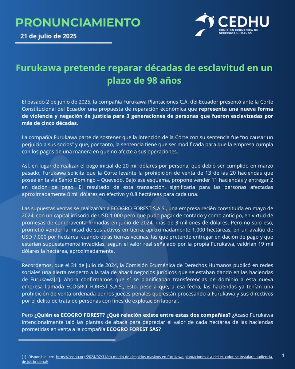 Cedhu's tweet image. 🔴 #PRONUNCIAMIENTO #CASOFURUKAWA
Furukawa pretende reparar décadas de esclavitud en un plazo de 98 años

Las víctimas de #Furukawa han sido sometidas a #EsclavitudModerna durante casi 60 años, y ahora la empresa ofrece solo 1,000 dólares al año por 98 años. 
Esta propuesta es…