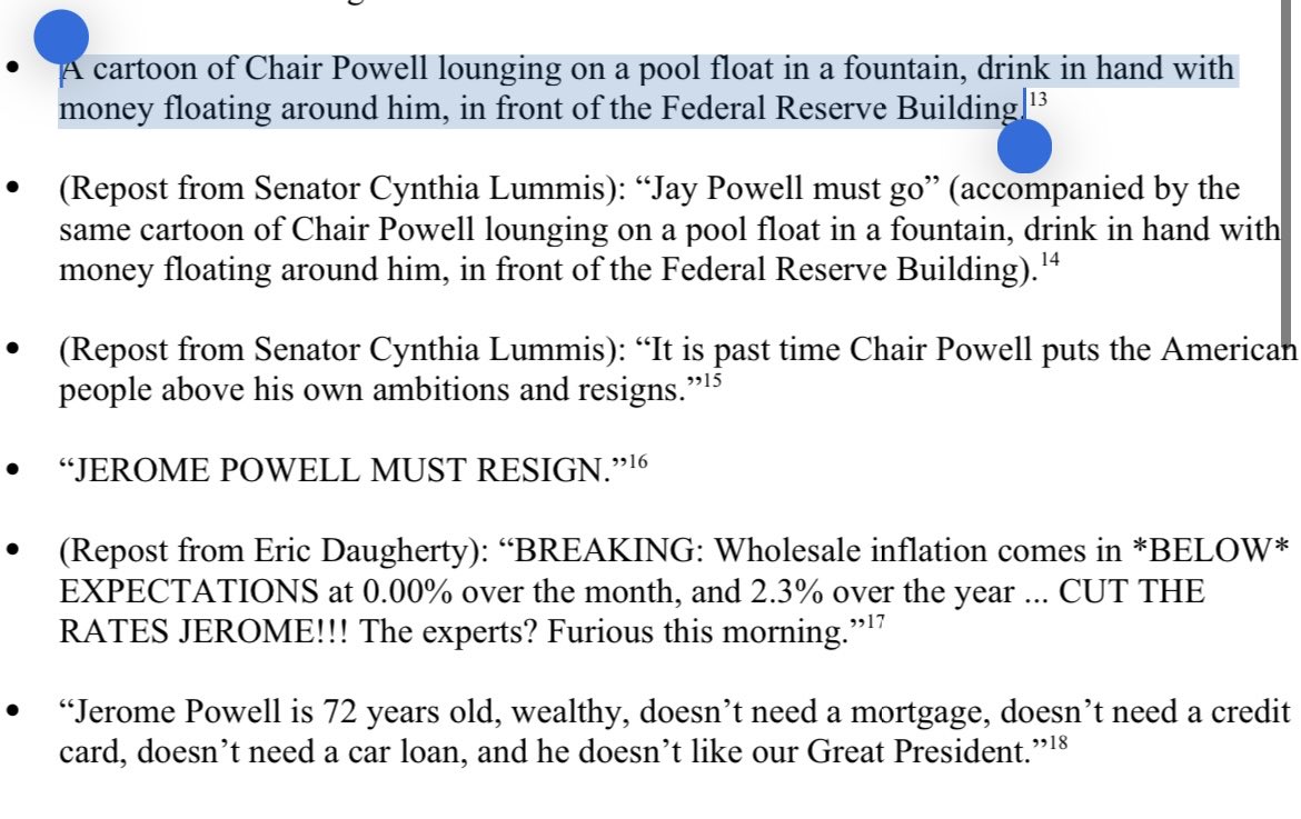pulte's tweet image. Elizabeth Warren wrote me a letter today to complain that I tweeted “A cartoon of Chair Powell lounging on a pool float in a fountain, drink in hand with money floating around him, in front of the Federal Reserve Building.”
🤣