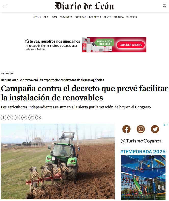 AlienteOrg's tweet image. 🚜Los agricultores se suman contra el RDL 7/2025 de refuerzo del sector eléctrico 💪&quot;Nos alarma que una medida de tal envergadura se esté tramitando sin el  conocimiento[...] de los principales actores del campo,  ni de la sociedad civil en general&quot;
diariodeleon.es/leon/provincia…