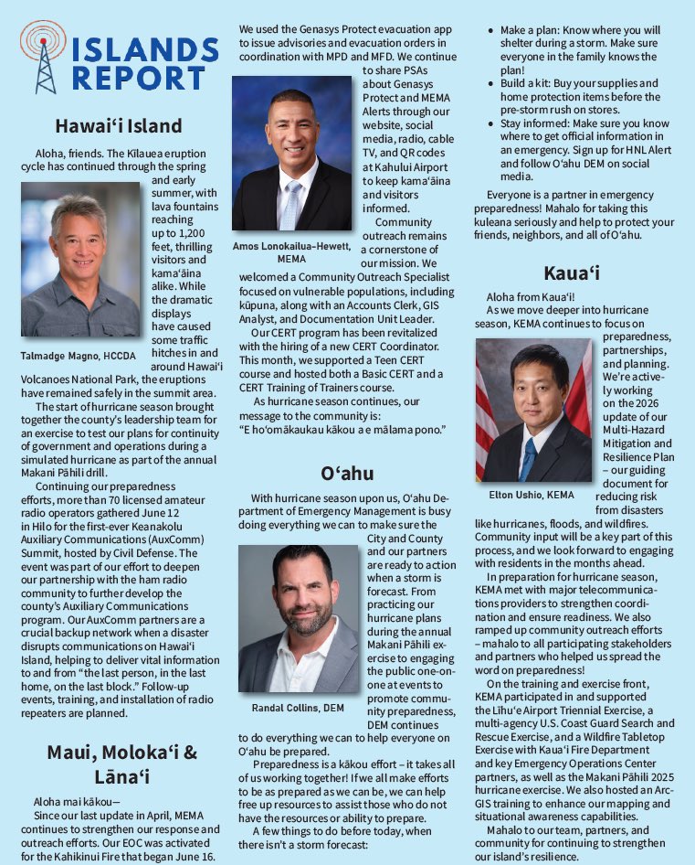 Hawaii_EMA's tweet image. Our Islands Report column with our "Emergency Management Pen Pals" is where we get to catch up with our county partners to hear about what's on their mind.
Check in with our pen pals in the summer issue of Laulima: dod.hawaii.gov/hiema/files/20…