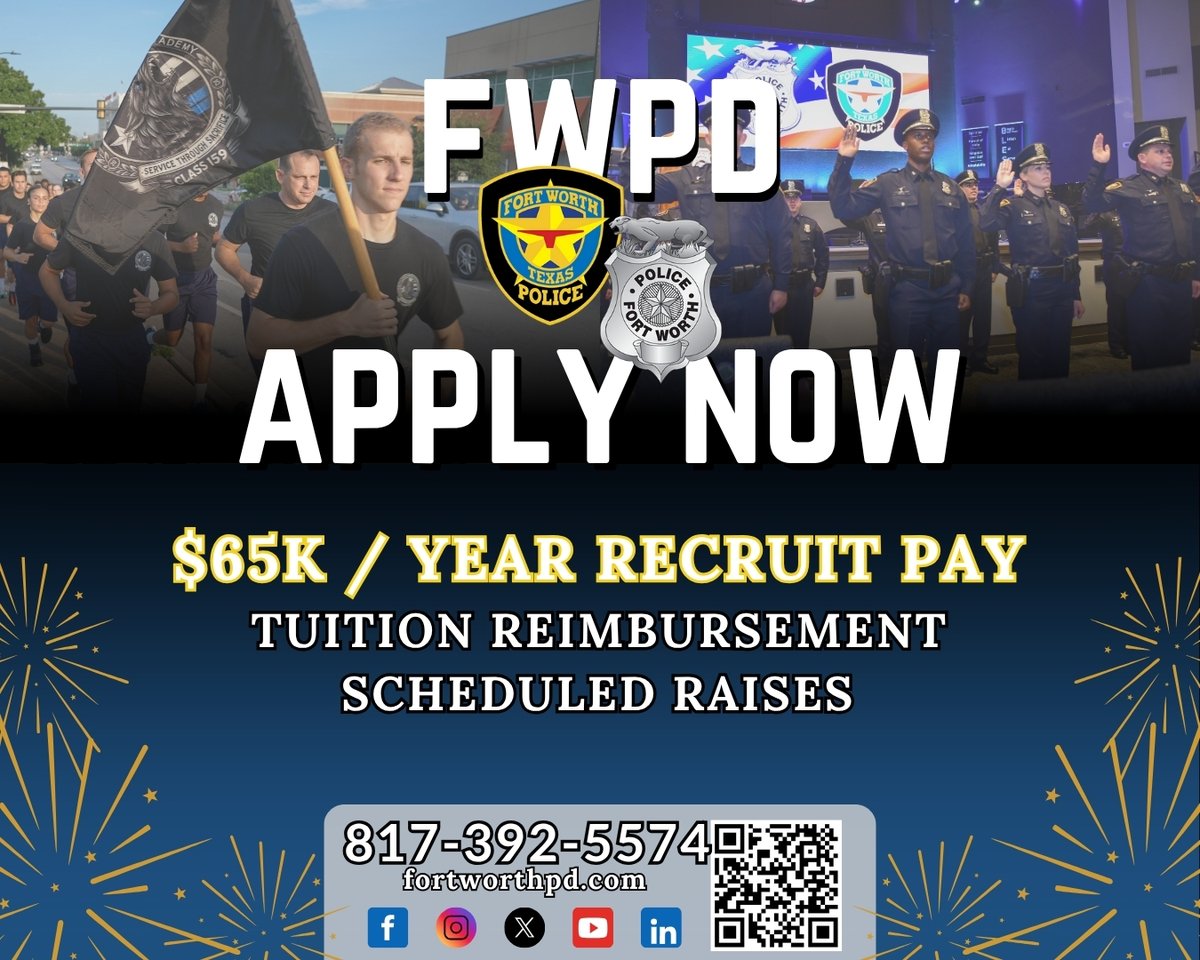 fortworthpd's tweet image. POLICE TRAINEE APPLICATIONS ARE OPEN!!
New recruits now make $65K a year! $78K after graduation!
Step into your new career today!!
Be like us!
Apply with link below! 👇
job-boards.greenhouse.io/cityoffortwort…