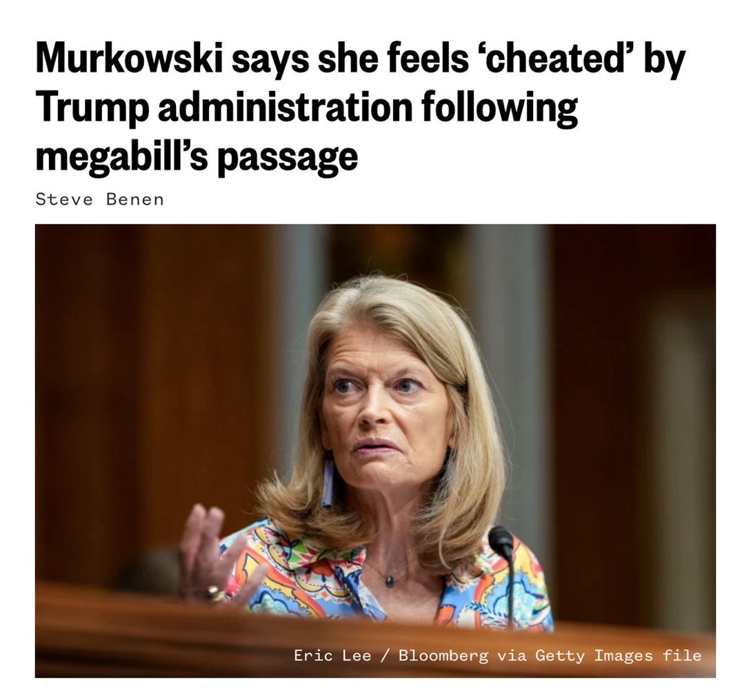 davegreenidge57's tweet image. As part of the bribe to get Murkowski’s vote, the budget bill extended the cancellation of green energy subsidies until 2027. Something vital for Alaska as they are running out of natural gas. Trump just signed an EO that effectively canceled that. Face, meet leopard.