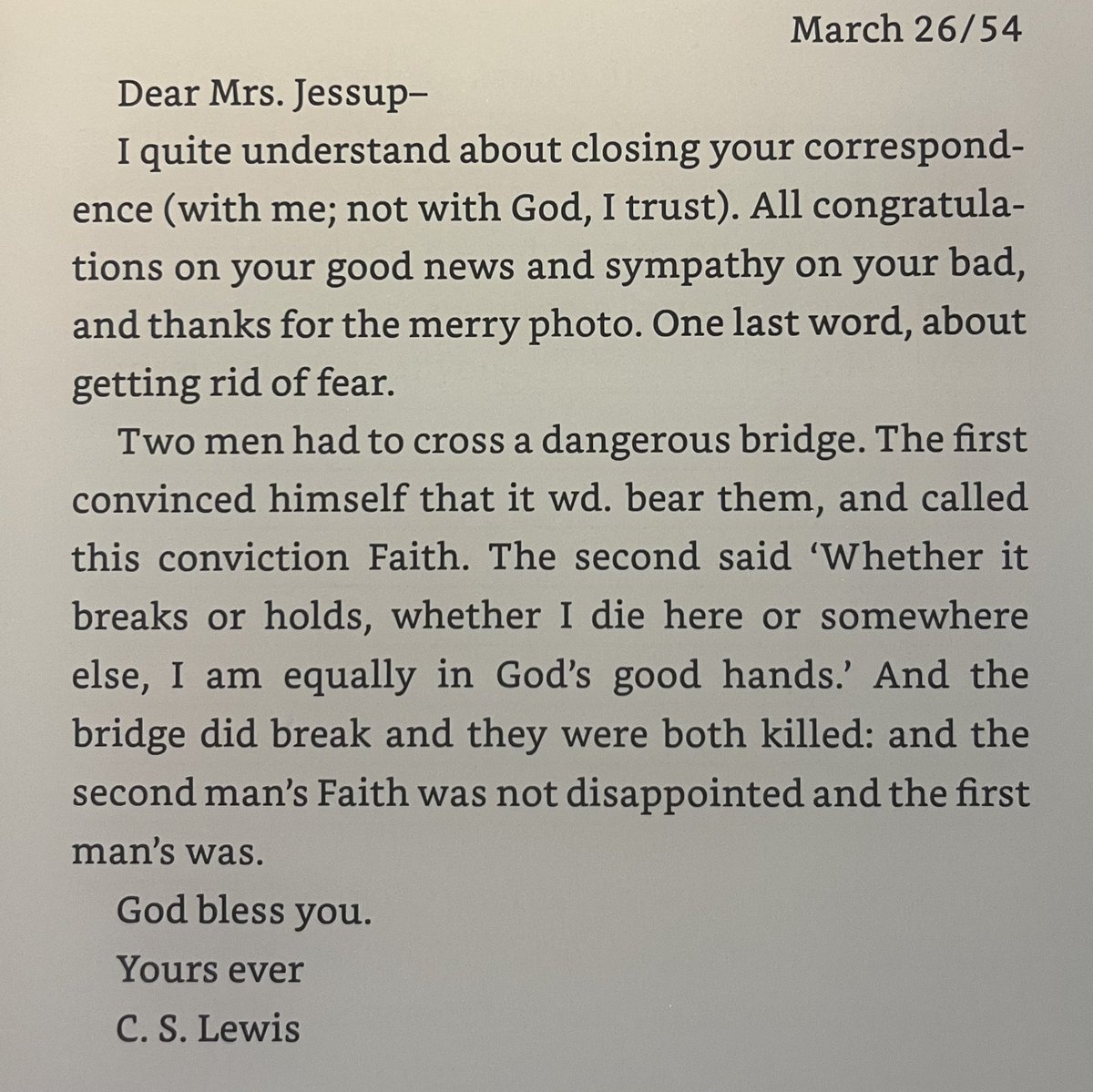 AncPhi's tweet image. I have been haunted by the relationship between faith and fear as below described in the second paragraph for about a week.
Though Lewis claimed to not particularly be drawn to Kierkegaard, this is utterly Kierkegaardian.