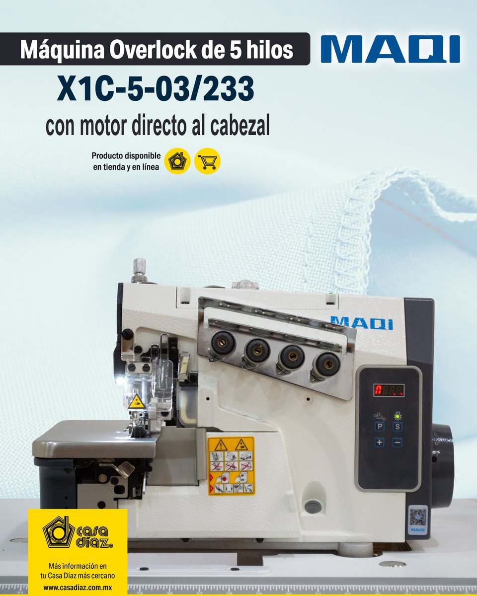 CasaDiazMX's tweet image. Haz que cada puntada cuente con la precisión de la #Overlock #MAQI X1C-5-03/233 🪡
Con su motor directo al cabezal y su capacidad de hasta 7,000 puntadas por minuto, esta máquina de 5 hilos está hecha para una costura ágil, precisa y continua.
🔹Obtén acabados impecables en cada