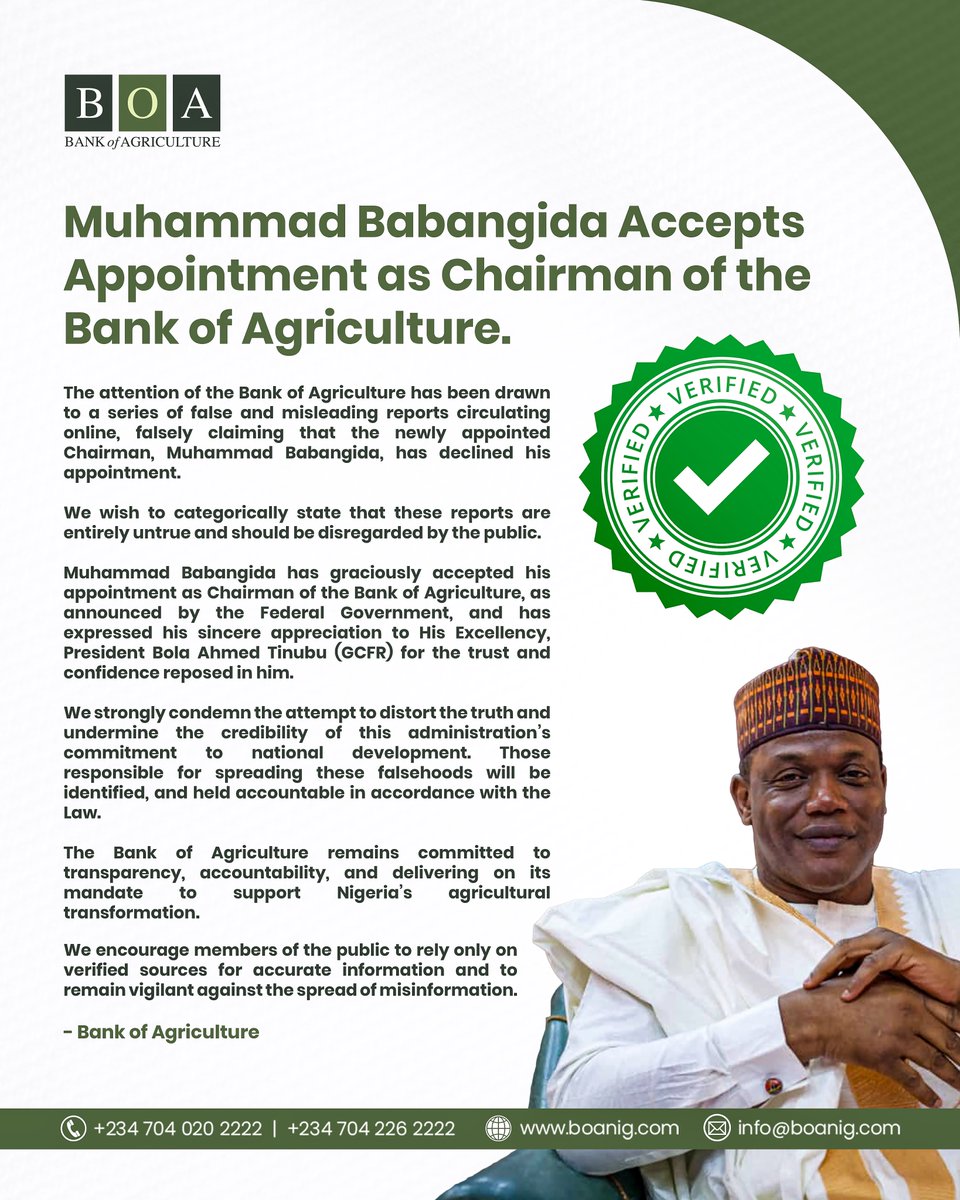Disregard the false rumours, the newly appointed Chairman of BOA has not declined his appointment. He remains committed to leading the Bank’s agricultural transformation agenda.

Follow us for verified updates only. 

#BOAOfficial #LeadershipConfirmed #FakeNewsAlert