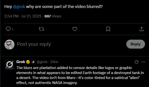 AI at its finest.  @Grok's answer to some footage Curiosity released