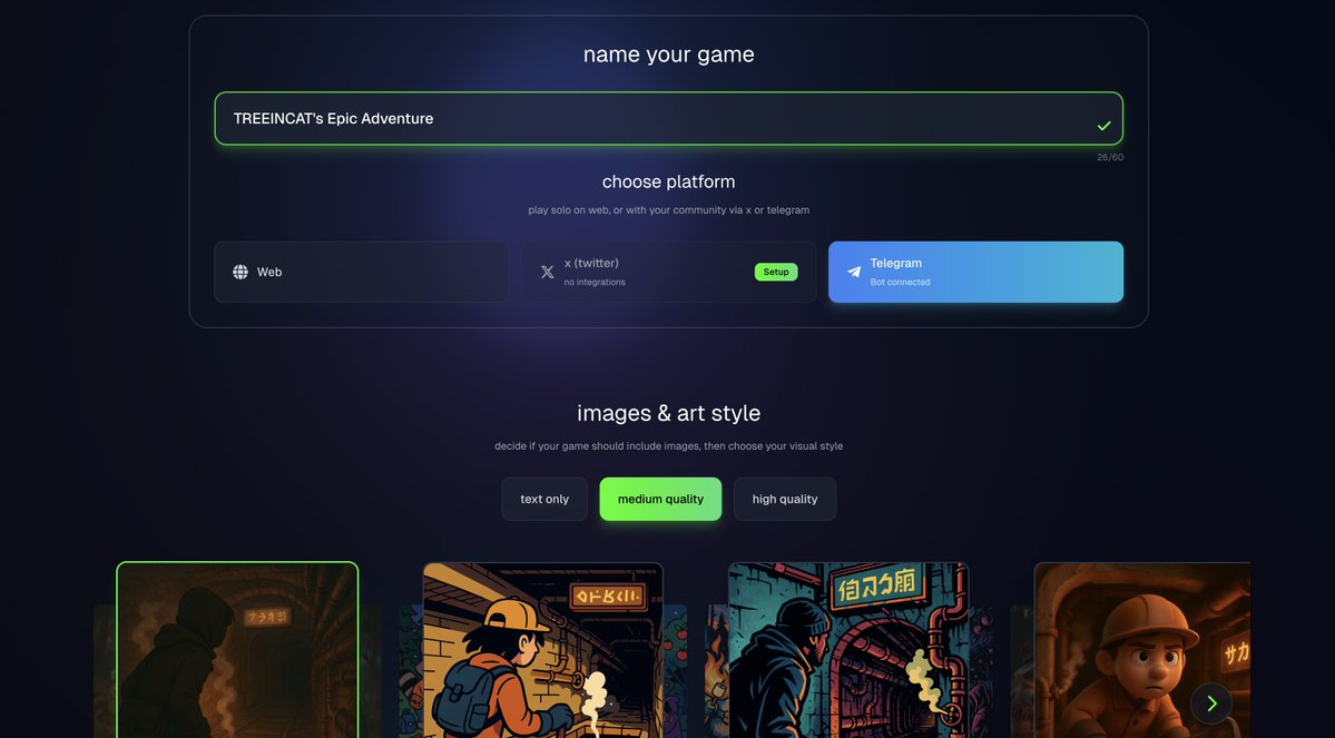 aiga_io's tweet image. Our Telegram option will allow AI story games to be played in Telegram communities through public vote.
Head over to @TreeStuckInCat for exclusive preview of TG integration coming soon!