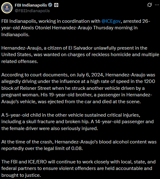 ImmigrantCrimes's tweet image. 🚨 Marion County, IN: Last week, illegal alien Alexis Otoniel Hernandez-Araujo was arrested for Causing Death When Operating a Vehicle While Intoxicated, and more, in connection with a July 2024 car accident.
He is accused of striking another vehicle while driving drunk. It is…