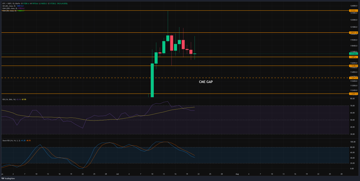 TheCryptoData's tweet image. Current thoughts on BTC:
- Strong daily support at 116.8k, look for 115.6k if it fails
- CME gap at 114k but it's been 11 days since it was formed (usually they're filled within 10 days, otherwise it's a few months)
- RSI & StochRSI are starting to reset
Dips are for buying 🐂