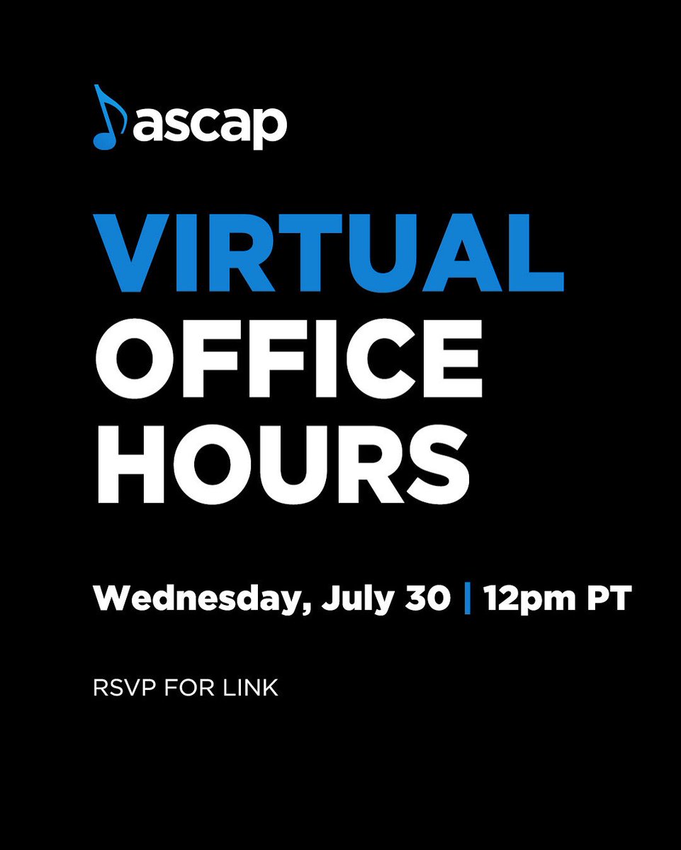 ASCAP's tweet image. Got questions? We've got answers!
Whether you're looking to connect, get career advice or just meet a few of your ASCAP reps, Virtual Office Hours is where it's at! Sign up at the 🔗 in our bio and mark your calendar to connect with the team.