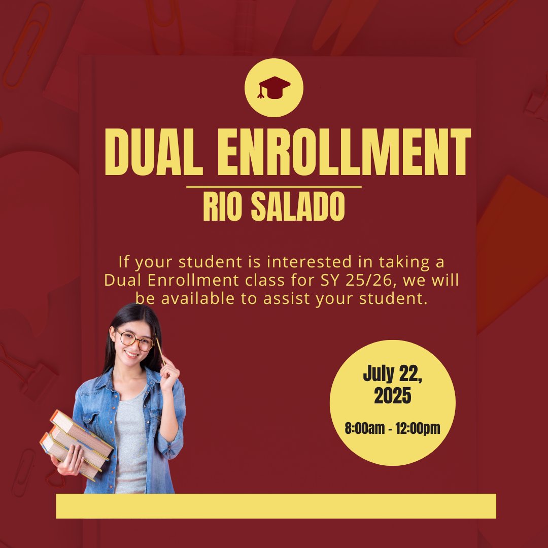 ShadowRidgeHS's tweet image. Don't forget! Tomorrow we will have Rio Salado representatives on campus to assist with dual enrollment. Join us from 8:00am to 12:00pm in the Cafeteria.
For additional details, please visit: ow.ly/NYeQ50Wq9YU