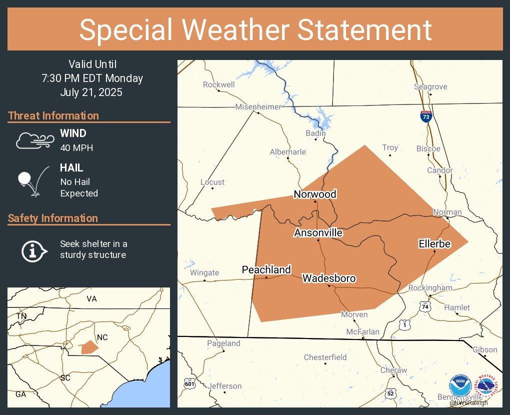 NWSRaleigh's tweet image. A special weather statement has been issued for Wadesboro NC, Polkton NC and Norwood NC until 7:30 PM EDT