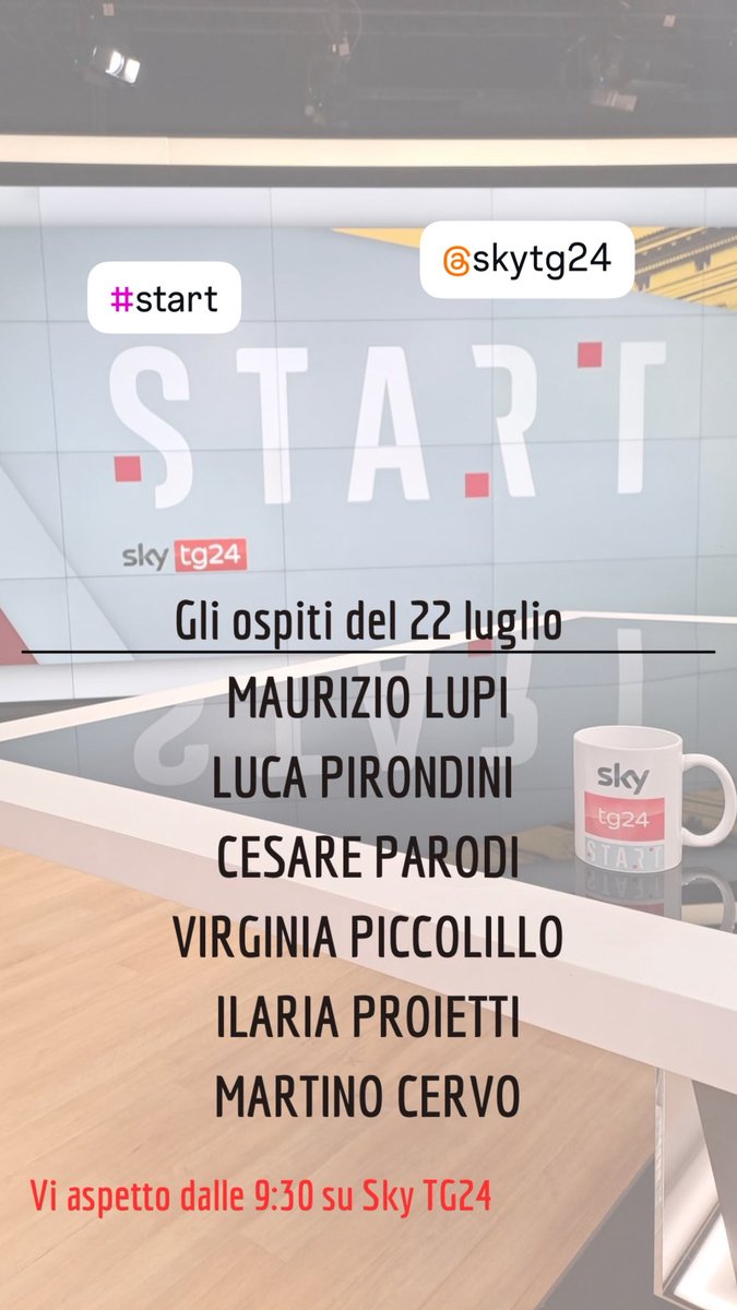 Giovanna Pancheri (@giopank) on Twitter photo Vi aspetto per la puntata di #START con <a href="/Maurizio_Lupi/">Maurizio Lupi</a> Luca #Pirondini Cesare Parodi <a href="/ANMagistrati/">ANM Associazione Nazionale Magistrati</a> Virginia #Piccolillo <a href="/IlariaProietti/">Ilaria Proietti</a> <a href="/martinocervo/">Martino Cervo</a> come sempre dalle 9:30 su <a href="/SkyTG24/">Sky tg24</a> Vi aspetto per la puntata di #START con <a href="/Maurizio_Lupi/">Maurizio Lupi</a> Luca #Pirondini Cesare Parodi <a href="/ANMagistrati/">ANM Associazione Nazionale Magistrati</a> Virginia #Piccolillo <a href="/IlariaProietti/">Ilaria Proietti</a> <a href="/martinocervo/">Martino Cervo</a> come sempre dalle 9:30 su <a href="/SkyTG24/">Sky tg24</a>