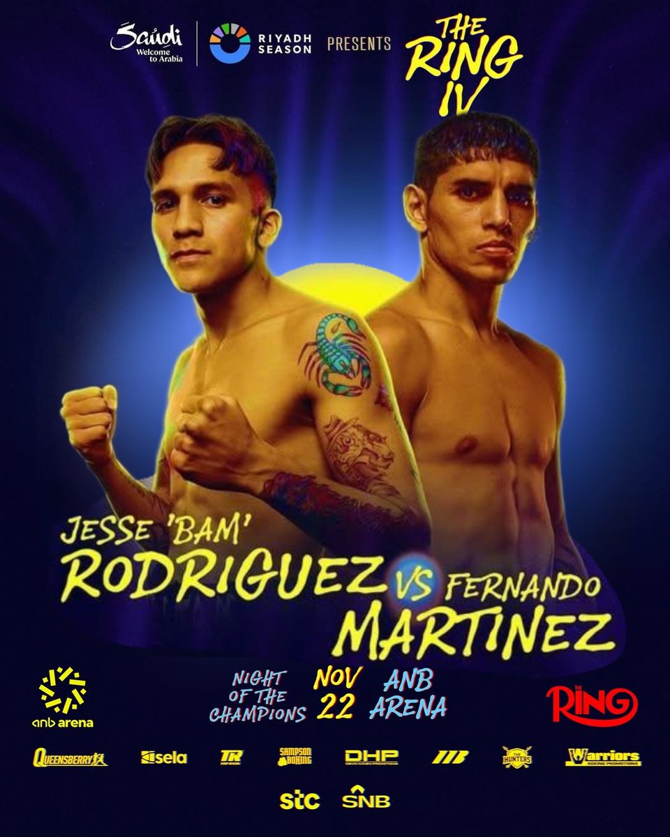 MoBoxingNP's tweet image. This is what's next. Ring, WBC, & WBO World Super Flyweight champion Jesse "Bam" Rodriguez versus WBA World Super Flyweight champion Fernando "Puma" Martinez. November 22nd in Riyadh πΈπ¦