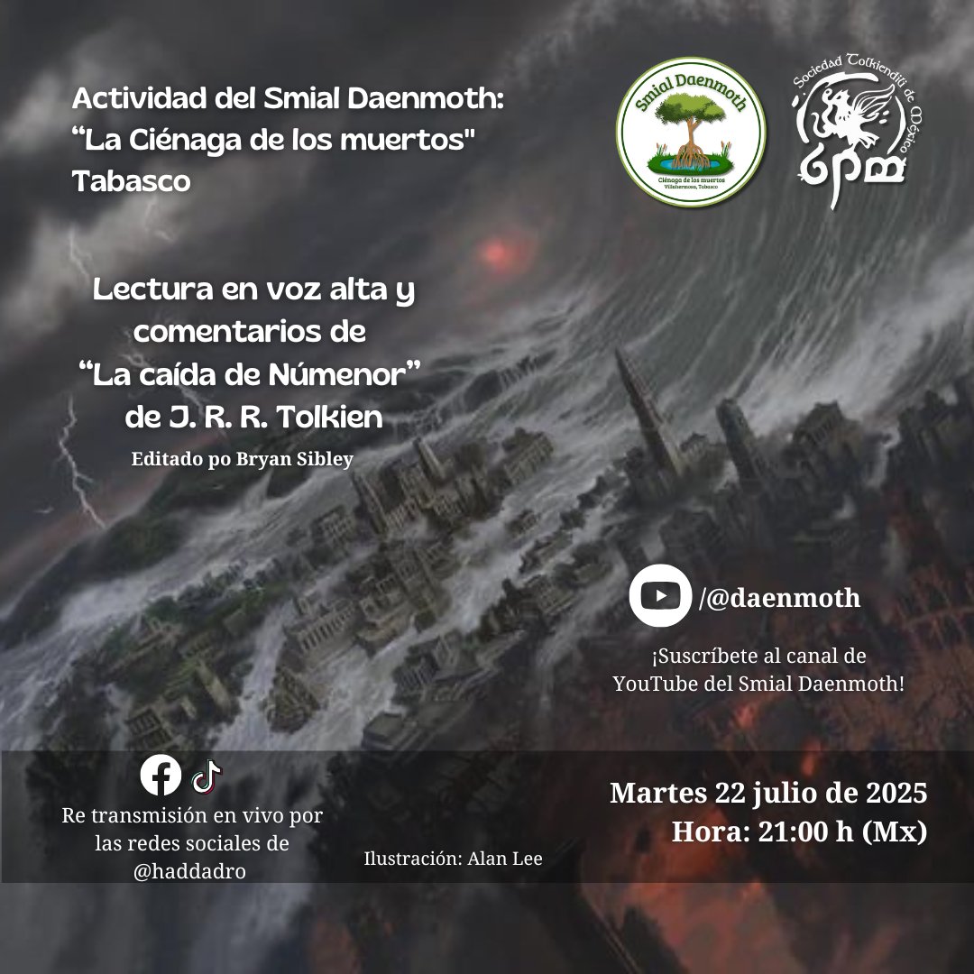 Como ya es costumbre, el martes tendremos Lectura en voz alta de "La Caída de Númenor".

Puedes seguir la transmisión desde el canal de Youtube de nuestro #SmialDaenmoth #CienagaDeLosMuertos con <a href="/haddadro/">haddadro</a>

#YoLeoATolkien con el #SmialDaenmoth "Ciénaga de los Muertos" de la #STMAC