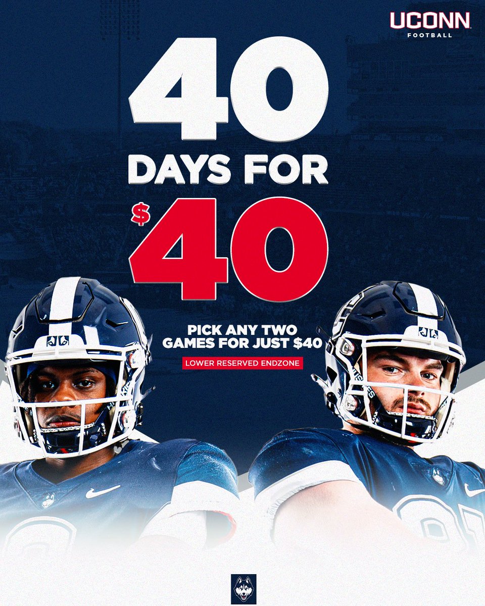UConnHuskies's tweet image. Get TWO @UConnFootball games for just $40!
🎟️ bit.ly/4lEJ93k 👈