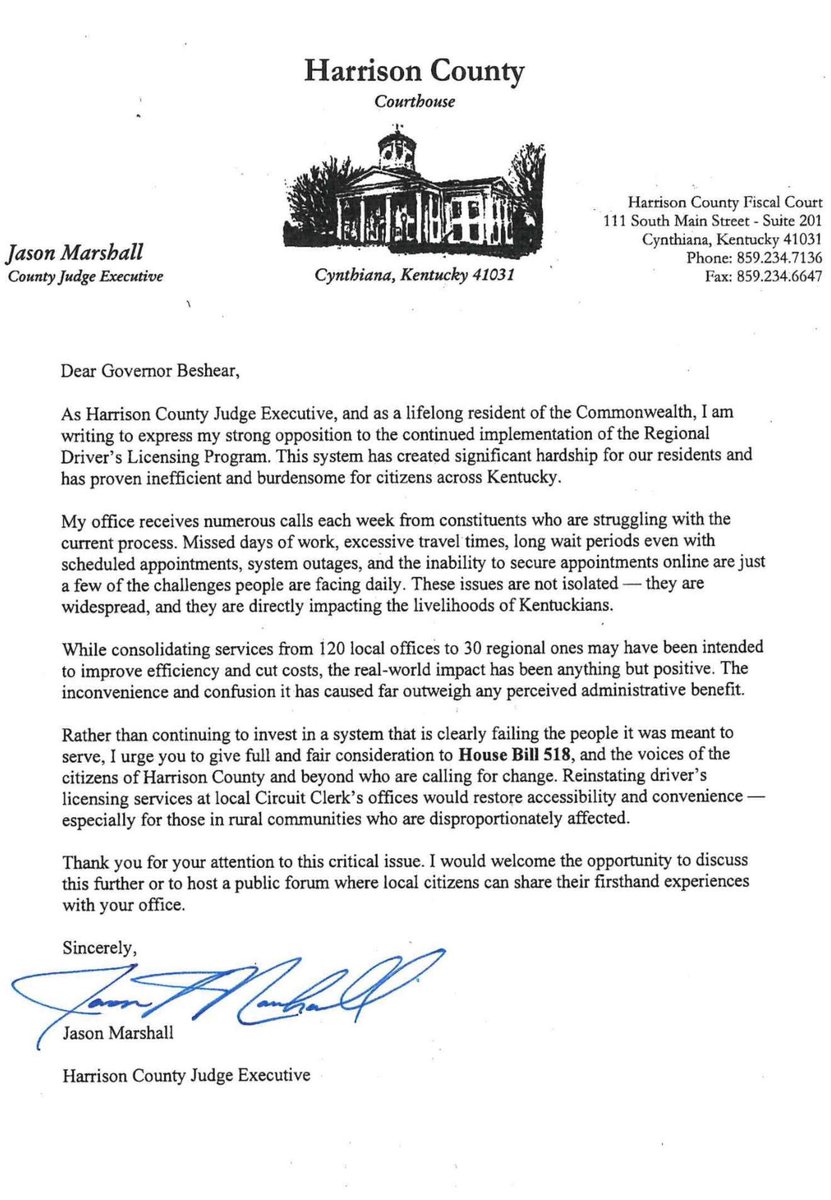 SavannahLMaddox's tweet image. Harrison County Judge Executive Jason Marshall gets it—as do the overwhelming number of judge executives l've spoken with about Kentucky's failed driver's license program!
The regional office model is not working, and we need to pass the bill I filed to fix this disaster! HB 518…