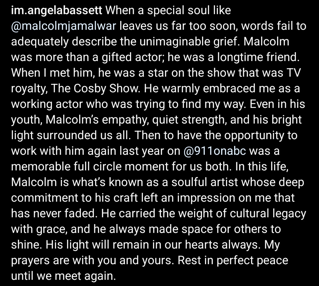 ABassettArchive's tweet image. Angela Bassett shared a tribute to Malcolm-Jamal Warner on Instagram 🕊
"Malcolm was more than a gifted actor; he was a longtime friend. He carried the weight of cultural legacy with grace and he always made space for others to shine. His light will remain in our hearts always."