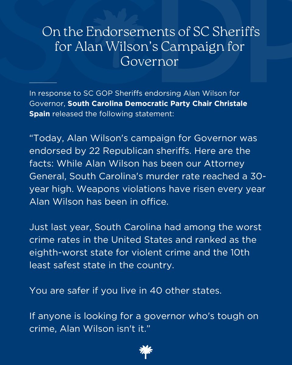 scdp's tweet image. Alan Wilson’s Campaign for governor has been endorsed by 22 GOP Sheriffs. Here's what we have to say about that.