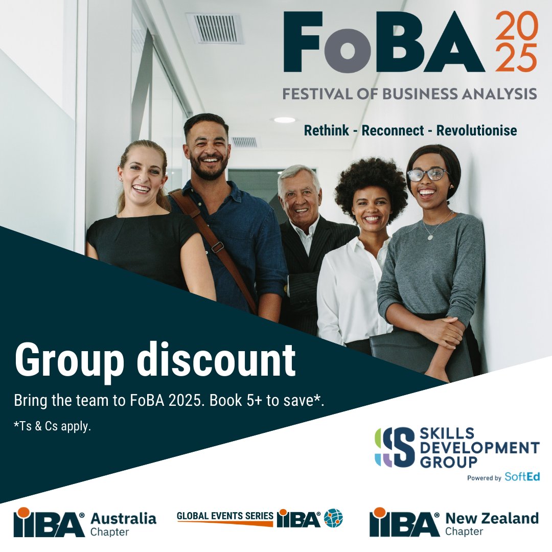 Great ideas grow stronger when shared. Bring your team to the 2025 IIBA Skills Development Group Festival of Business Analysis and maximise the impact of the festival’s insights and experiences. 

Book: festivalofbusinessanalysis.org/tickets/

#FoBA2025 #IIBA #BusinessAnalysis
