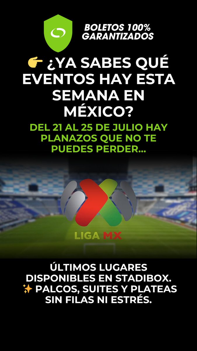 🔥 Fin de semana lleno de partidos imperdibles:

⚽ Tigres vs Diablos | Chivas vs San Luis
⚽ Monterrey vs Atlas | Cruz Azul vs León
🤼‍♂️ Lucha Libre – Arena México
Consulta precios, fechas y cómo asegurar los mejores lugares:
 stadibox.com/blog/guias-y-c…
#LigaMX #EventosMéxico