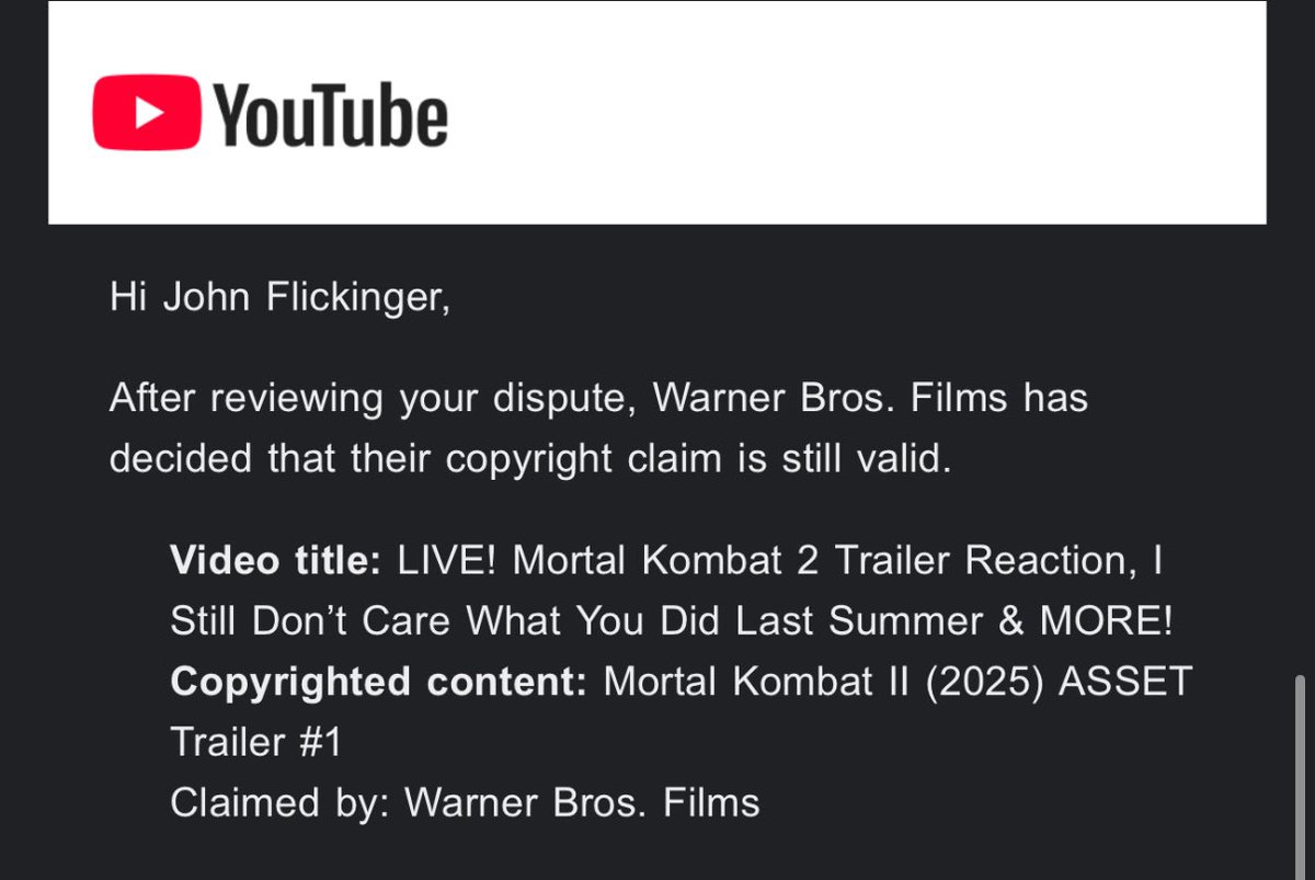 theFLICKpick's tweet image. It’s getting old—using 20 seconds of publicly released trailer footage in a 3-hour reaction stream that clearly follows all fair use laws… and somehow @warnerbros still doesn’t get it. #MortalKombat2
