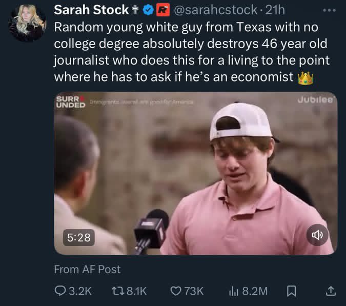 BigRedCeltTT's tweet image. If Jubilee (the YouTube channel) was a country its main exports would be left wing memes and right wing social media “stars”.
It’s time to admit that going on Jubilee is only helping create more right wing social media stars pushing fascist propaganda.