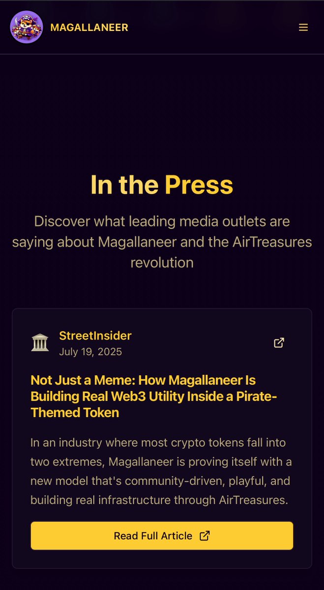 magallaneer's tweet image. 🗞️ Stay in the loop, crew!
Our brand-new website now features a Press Section where you can catch all the latest articles, media features, and official updates about $MAGAL, AirTreasures, and the Magallaneer revolution 🌊🏴☠️
Do check out the featured articles on TechBullion and…