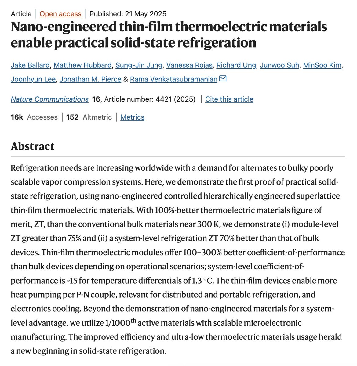 The algorithms have failed me.

Researchers published a thermoelectric breakthrough 3 months ago that I'm only reading about now.

Basically they are using conventional thermoelectric materials (bismuth telluride and antimony telluride) but grow them as nanoscale superlattices to