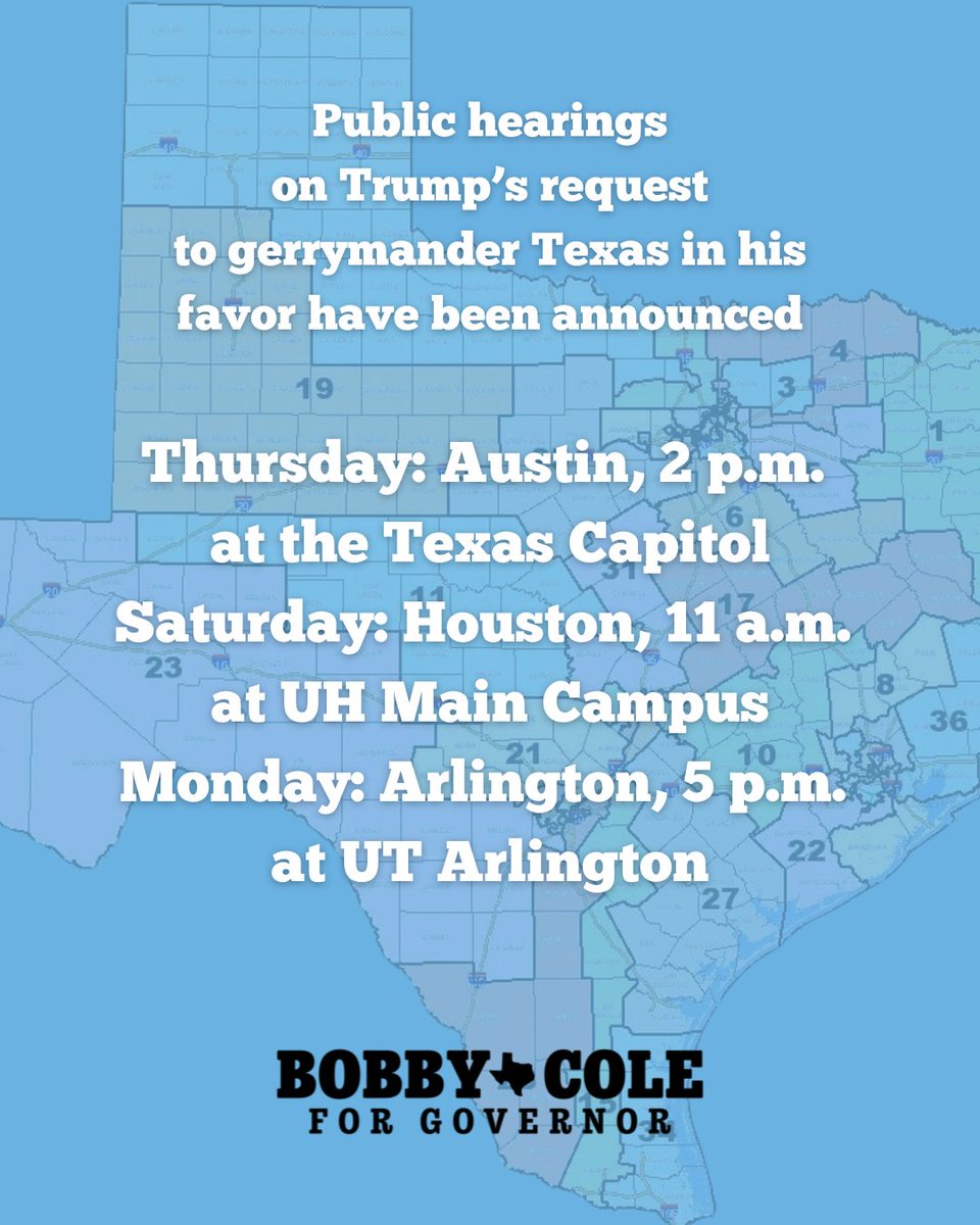 BobbyForTX's tweet image. If you're as angry as I am that Greg Abbott is taking orders from Donald Trump to force through an unprecedented mid-decade redistricting, here are your chances to be heard:
Austin: capitol.texas.gov/tlodocs/89R/sc…
Houston: capitol.texas.gov/tlodocs/89R/sc…
Arlington: capitol.texas.gov/tlodocs/89R/sc…