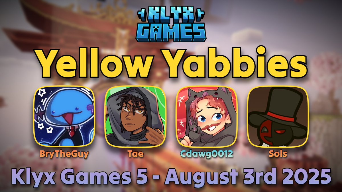 🐠 Announcing the Yellow Yabbies for Klyx Games #5!
<a href="/BryThatGuyyy/">BryTheGuy</a> <a href="/Taejon_/">Tae</a> <a href="/Cdawg0012/">Cdawg 🦇</a> <a href="/McSolsy/">Sols</a> 

⚔️ Watch them compete on Sunday, 3rd August 2025 @ 2PM BST / 9AM EDT!