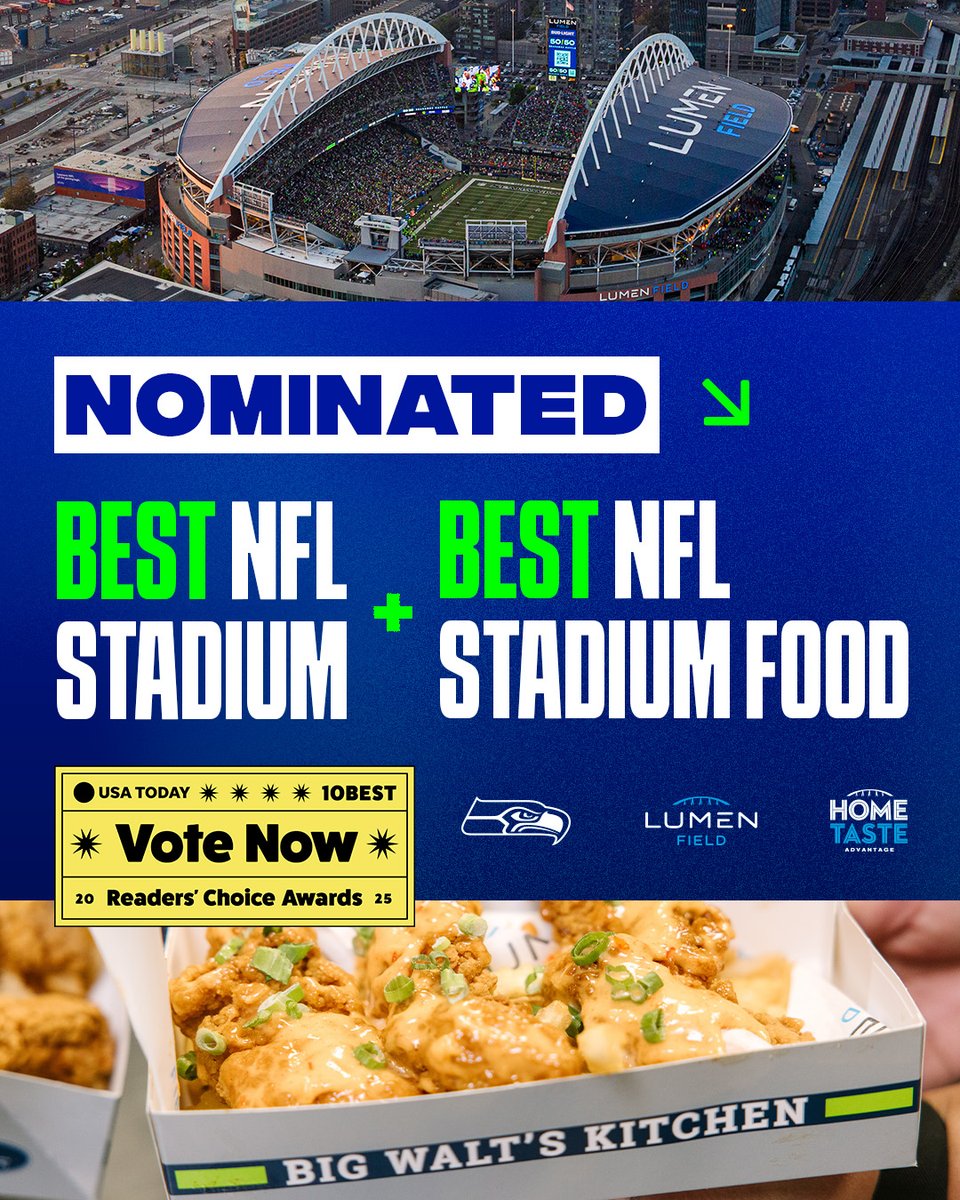LumenField's tweet image. Lumen Field has been nominated for Best NFL Stadium and Best NFL Stadium Food in the USA TODAY @10Best Readers' Choice Awards!
Help us bring it home the gold in both categories!
Vote Now » lmnfld.com/475dxas7