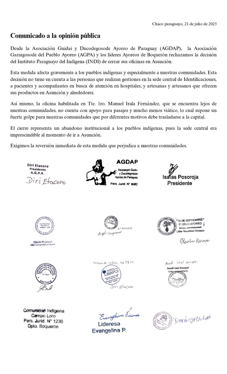 LiderBasui's tweet image. AYOREO DEL BOQUERÓN CHACO
NOS UNIMOS a nuestro hermano que está encontra de la decisión de presidente del INDI
NOSOTROS NUNCA AMANECEMOS EN LA CEDE debería hacer la consulta previa o debe ubicar una oficina regional en Filadelfia para mejorar la atención a las comunidades