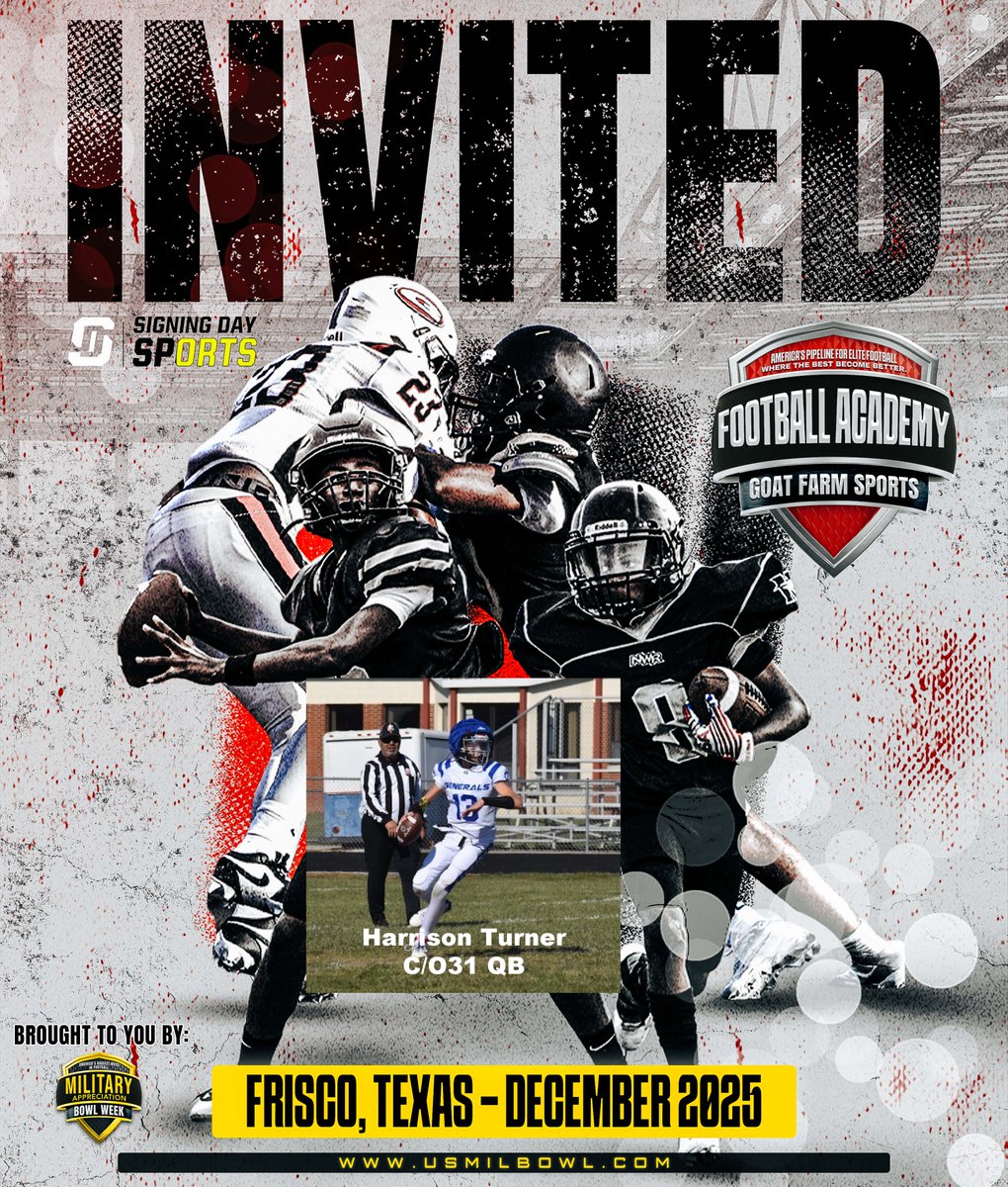 Received my official invite to #TheFootballAcademy—thank you <a href="/USArmyBowl/">Military Appreciation Bowl Week</a>, <a href="/natyouthdir/">National Youth Recruiting Director</a> and <a href="/GregCooperUSA/">Natl Recruiting Dir | Military Appreciation Bowl</a>
<a href="/SDSports/">Signing Day Sports</a> <a href="/JeffHecklinski/">Jeff Hecklinski</a> <a href="/CoachTylerBitz/">Tyler Bitz</a> <a href="/QBUniverseQBU/">QBUniverse</a> <a href="/Coach_JLindke/">Josh Lindke ⚔️</a> <a href="/Coach_Epage/">Eric Page</a> <a href="/iAmHowieLaC/">Howie LaCourse</a> <a href="/QBHitList/">QBHitList.com</a> <a href="/QbTakeover/">QB Takeover</a> <a href="/Elite11/">Elite11</a> <a href="/SheaPatterson_1/">Shea Patterson</a> <a href="/PrepRedzoneNext/">Prep Redzone 𝙉𝙀𝙓𝙏 🏈</a>