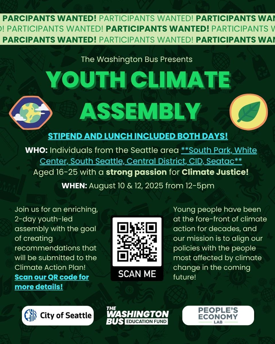 WashingtonBus's tweet image. The Washington Bus in collaboration with the PEL and the Seattle Office of Sustainability and Environment presents our very own Youth Climate Assembly!!
Looking for individuals aged 16-25 from surrounding Seattle areas with a strong passion for climate justice! Details in bio.