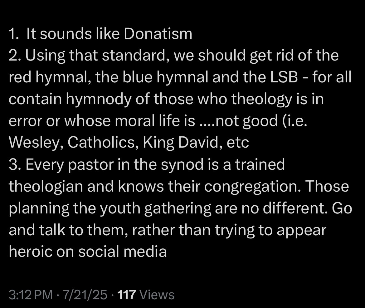 LutheranPharmer's tweet image. The state of the LCMS clergy:
Singing songs with heterodox theology is donatism. Might as well throw out the Psalms because David was a sinner!
Every pastor is a trained theologian!
💀💀💀💀
Leave the fake & ghey youth gathering alone!!!!