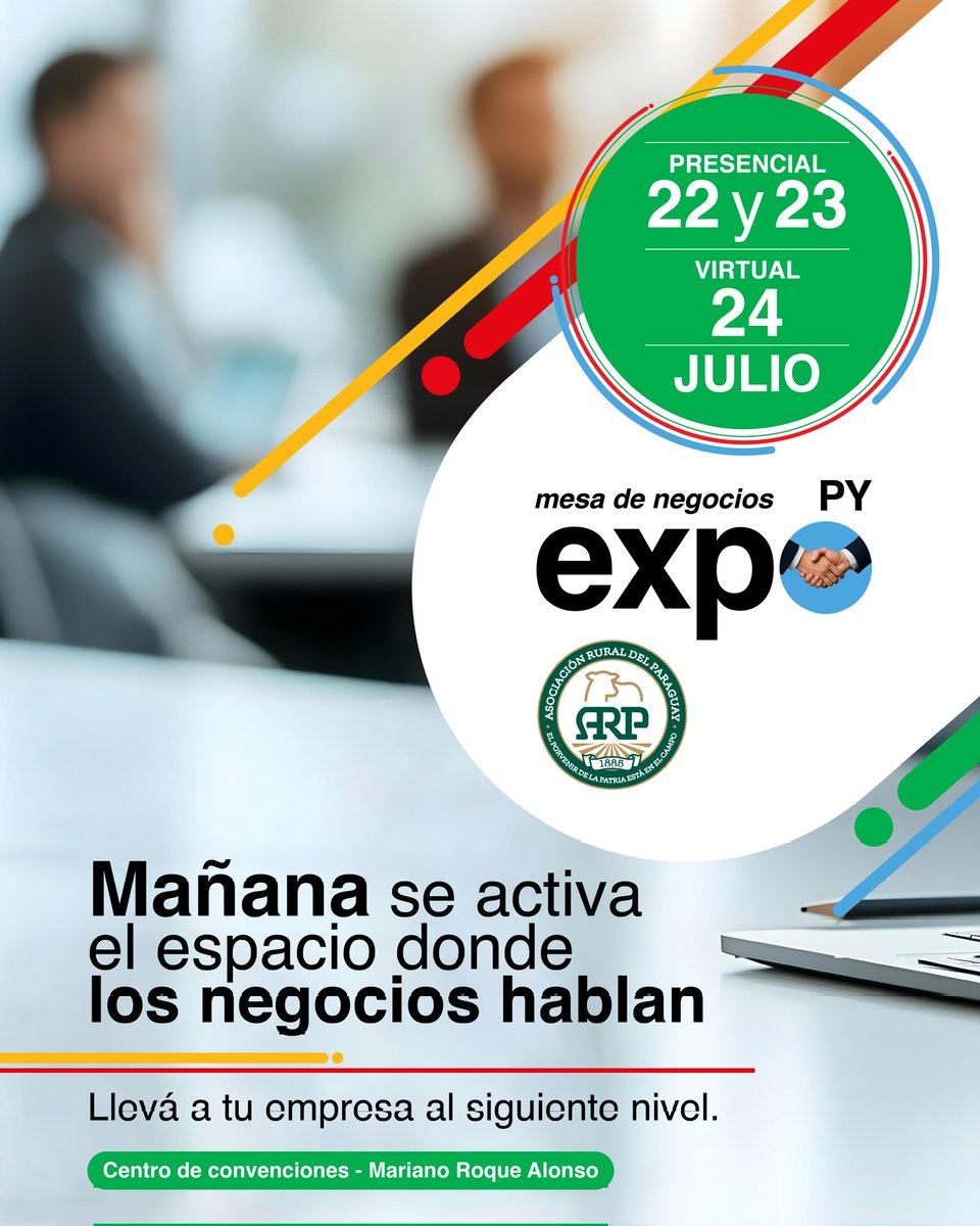 expo_py's tweet image. La oportunidad está a un día de distancia.
Mañana arranca la Mesa de Negocios Expo Paraguay: tres jornadas clave para conectar, negociar y proyectar lo que mueve el país.
📍 22, 23 y 24 de julio – Salón de Convenciones
#ExpoParaguayARP2025 #LoQueMueveElPaís