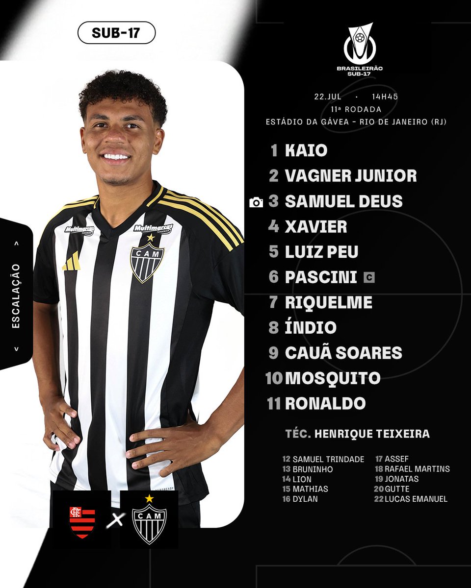 GaloNaBase's tweet image. 💪🐔 Saiu a escalação do #Galinho para a partida contra o Flamengo!
📺 Sem transmissão
#CriasDoGalo #CampeonatoBrasileiroSub17 #FLAxCAM🏴🏳️